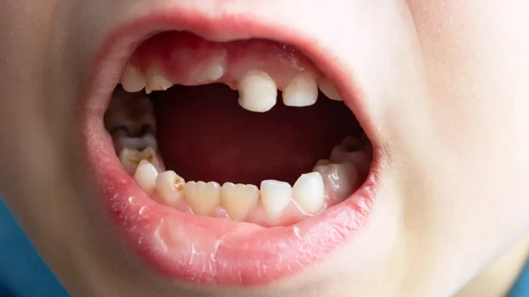 Close-up of child teeth with visible decay and cavities